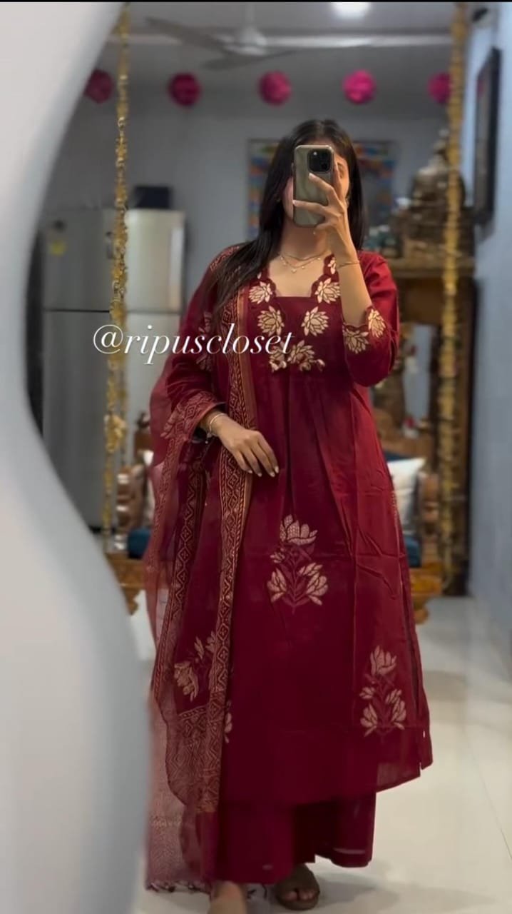 Maroon Designer Cotton Suit Set with Dupatta